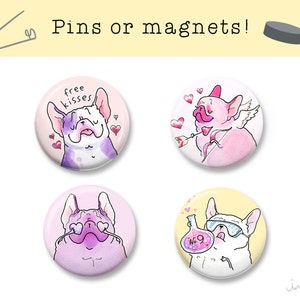 French Bulldog Valentines Day gift - French Bulldog gift, cute pins, dog pins, Frenchie art magnets, dog love buttons by Inkpug