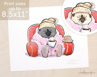 Cozy Day - snuggle pug art, cute snuggly pug print, coffee pug with cinnamon roll and pink blanket in fawn or black pug by Inkpug