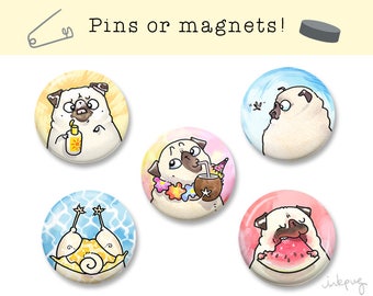 Summer Pugs - fawn pug pins or magnets - cute pug accessories, pug magnets, pug stuff, pug gift by Inkpug