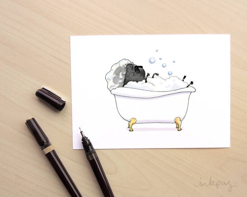 May include: A black and white illustration of a sheep taking a bath in a white bathtub with soap bubbles. The sheep is lying on its back with its legs in the air. The bathtub has gold feet.