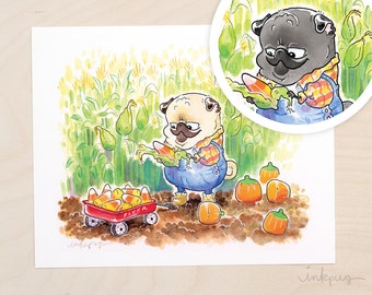 Candy Corn Crop - farmer pug Halloween art, autumn pumpkin pug print, fawn and black pug pumpkin picking pug art by Inkpug