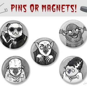 Criatura característica de Halloween Pug pins o imanes del refrigerador, accesorios lindos de Halloween, clásicos de la película de terror pugs, Inkpug