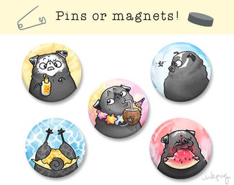 Summer Pugs - black pug pins or magnets - cute pug accessories, pug magnets, pug stuff, pug gift by Inkpug