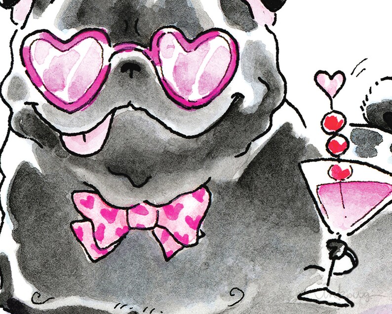 May include: A black pug wearing pink heart-shaped sunglasses and a pink bow tie with white hearts. The pug is looking to the right and has its tongue sticking out. The pug is holding a pink martini glass with a cherry on top.