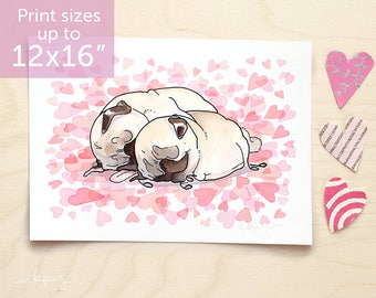 Snuggle Buddies pug art print - two fawn pugs cuddling, pug hugs, snuggle pugs illustration, pug love art, love pugs wall art by Inkpug