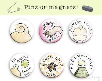 Pug Stuff Magnets or Pins - Funny Pug Magnets, Cute Pug Pins, Set of Magnets, Funny Pug Gift,  Funny Magnets, Funny Pins with Pugs by Inkpug