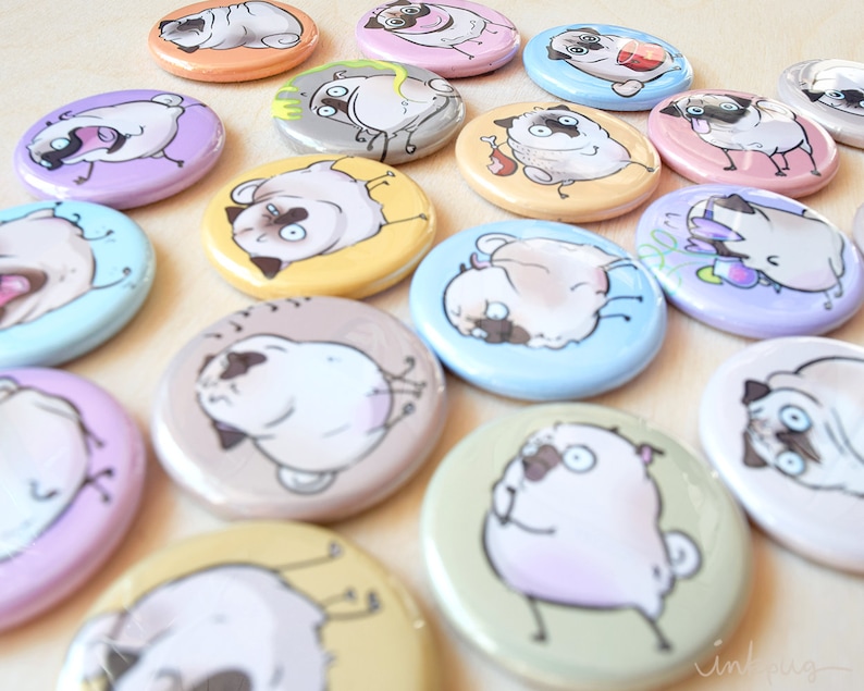 pinback buttons and fridge magnet sets by Inkpug pug accessories Pugmojis FAWN pug pins and magnets fawn pug gifts cute pugs magnets