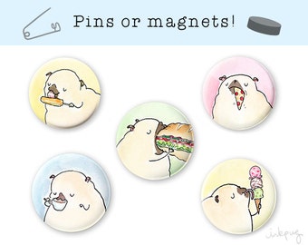 Treat Pug Magnets or Pins - Funny Magnets, Cute Refrigerator Magnets, Pugs and Food Pins, Cute Food Magnet Set, Funny Pug Gift by Inkpug