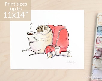 Serenity - Coffee and Pug Art Print, Coffee Decor, Cute Self Care Art, Funny Art for Relaxation, Pug Home Decor by Inkpug