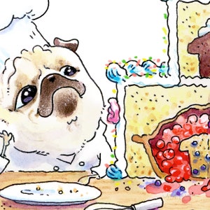 May include: A cartoon pug wearing a chef's hat and apron looks longingly at a multi-tiered cake decorated with colorful sprinkles and frosting. The cake is made of different types of desserts, including a pie, a s'more, and a cupcake.