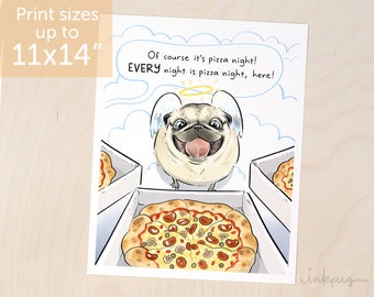 Pizza in Heaven pug memorial art print - rainbow bridge pug angel fundraiser, tribute to Pahoehoe to benefit High Rollers Club by Inkpug