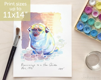 Reminiscings on a Ham Quiche, Paris 1972 - pug watercolor art print, funny pug art, pug painting, pug kitchen decor by Inkpug