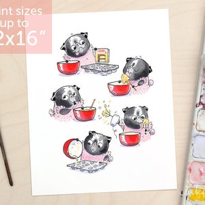 Baking Cupcakes black pug art print - cute kitchen art with pug baker, black pug kitchen decor or wall art by Inkpug