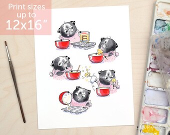 Baking Cupcakes black pug art print - cute kitchen art with pug baker, black pug kitchen decor or wall art by Inkpug