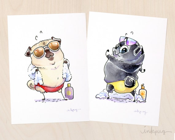 Pugs in bathing shop suits