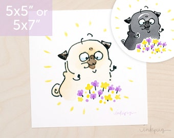 Bonbons - cute pug painting, flower pug print, pugs and flowers art, fawn or black pug art by Inkpug