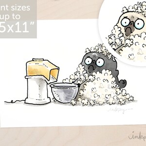 WHY - popcorn pug print, black pug art, black pug popcorn print, black pug print, popcorn popper, pugs, pug, black pugs, inkpug