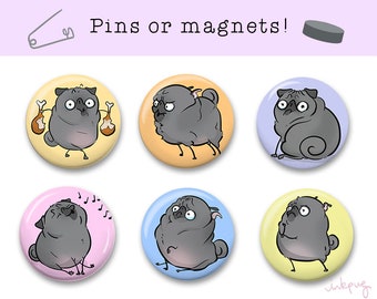 Pugmojis Set #3 - black pug pins or magnet set, black pug fridge magnets, funny black pug gift, black pug pin set by Inkpug