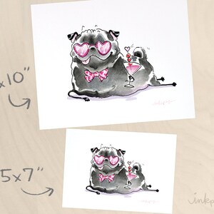 May include: A watercolor illustration of a black pug wearing pink heart-shaped sunglasses and a pink bow tie. The pug is holding a martini glass with a cherry on top. The illustration is signed "inkpug".