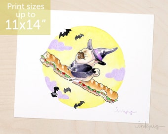 Different Kind of Witch - Halloween pug print, pug witch wall art, sandwich pug Halloween art by Inkpug