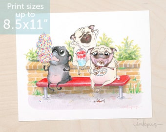 Dairy Freeze - funny pug art, summer pugs, ice cream pugs, cute pugs with ice cream cones, brain freeze, pug art by Inkpug