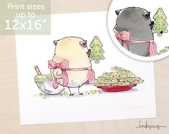 Hairy Christmas - funny pug art for Christmas, holiday pug decor, pug Christmas decorations with fawn or black pug glitter by Inkpug