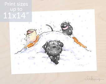 Dog Sledding - winter and holiday pug art print with lab, labrador retriever, pitbull, mutt, black pug or fawn pug, sledding pugs by Inkpug