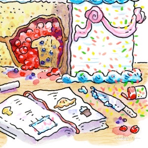 May include: A watercolor illustration of a messy kitchen counter with a cookbook open to a page with a pie recipe, a knife, a can of frosting, a pie crust, and a cake with sprinkles.