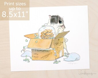 Unpack the Treats First Pug Art Print - Moving Day Pug, New Home, Housewarming Art, Moving Day, Kitchen Art, Pugs Illustration by InkPug!