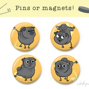 Peeing Black Pugs - black pug magnets or funny pug pins, peeing pug fridge magnets, pug accessories, funny black pug lover gift by Inkpug