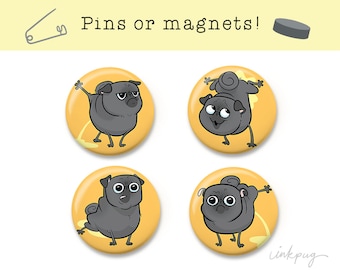 Peeing Black Pugs - black pug magnets or funny pug pins, peeing pug fridge magnets, pug accessories, funny black pug lover gift by Inkpug