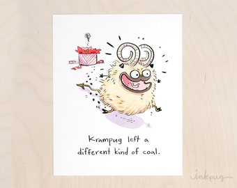 Krampug's Coal - funny pug Christmas print, Krampus Pug art, funny pug print by Inkpug