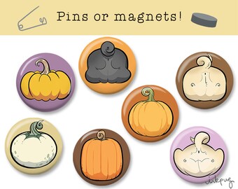 Pumpkins and Pug Butts pins or magnets - Autumn pug decor, Fall pug accessories, cute Halloween or harvest pugs and pumpkins by Inkpug