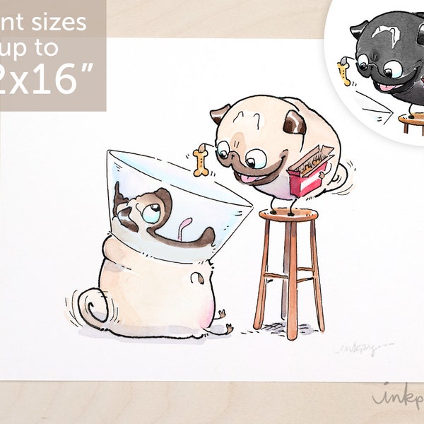 Helping Hand pug art - cute pugs in cahoots, cone of shame pug, pugs sharing bones, bone drop funny pug print by Inkpug