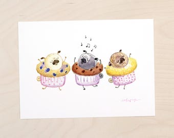 Dancing Pupcakes - cute pug art, pug bakery print, pug muffins, pugcakes, dancing pugs with black pug and brindle pug by Inkpug