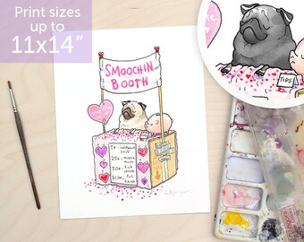 Smoochin Booth pug art print - cute black pug art, pug kissing booth print, pug love art by Inkpug