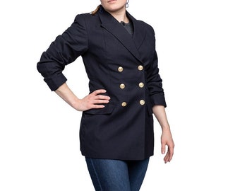 Blazer militar vintage feminino alemão de abotoamento duplo, estilo jaqueta, vestido, túnica esportiva para jantar do exército, oficial da Bundesmarine.