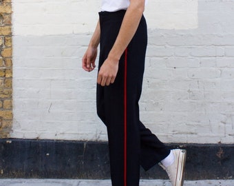 Pantalones de vestir ceremoniales del ejército británico vintage, pantalones negros, rojos, de tiras, uniforme de desfile, de lana, n.° 1