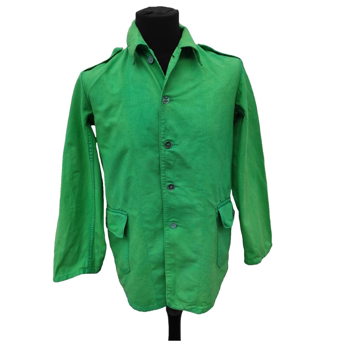 vintage 1960s 1970s lime green Swedish Army work jacket coat denim chore worker military, foto 2 di 5