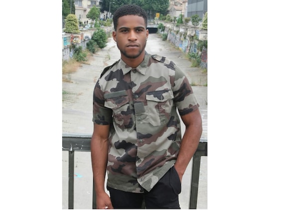 Vintage French army camo short sleeved military shirt CCE woodland