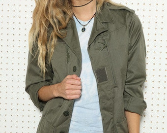 Vintage Women's French F1 olive khaki jacket coat surplus army military retro urban ladies