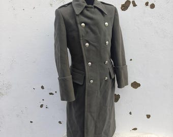 Vintage zweireihiger österreichischer Armee-Trenchcoat aus Gabardine-Wollmischung, Armeemantel, Militärmantel, ohne Abzeichen