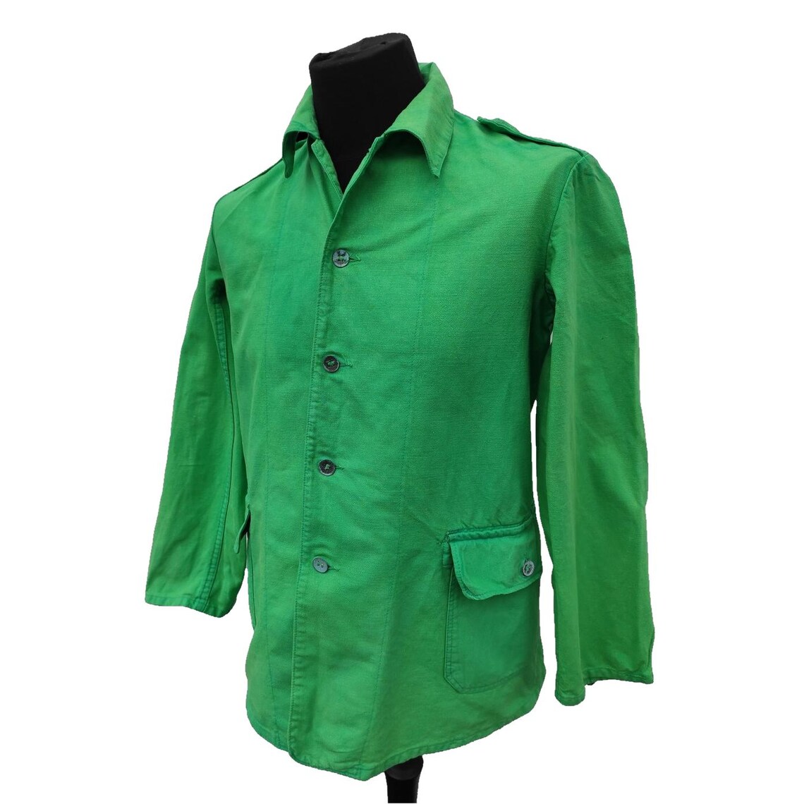 vintage 1960s 1970s lime green Swedish Army work jacket coat denim chore worker military, foto 1 di 5