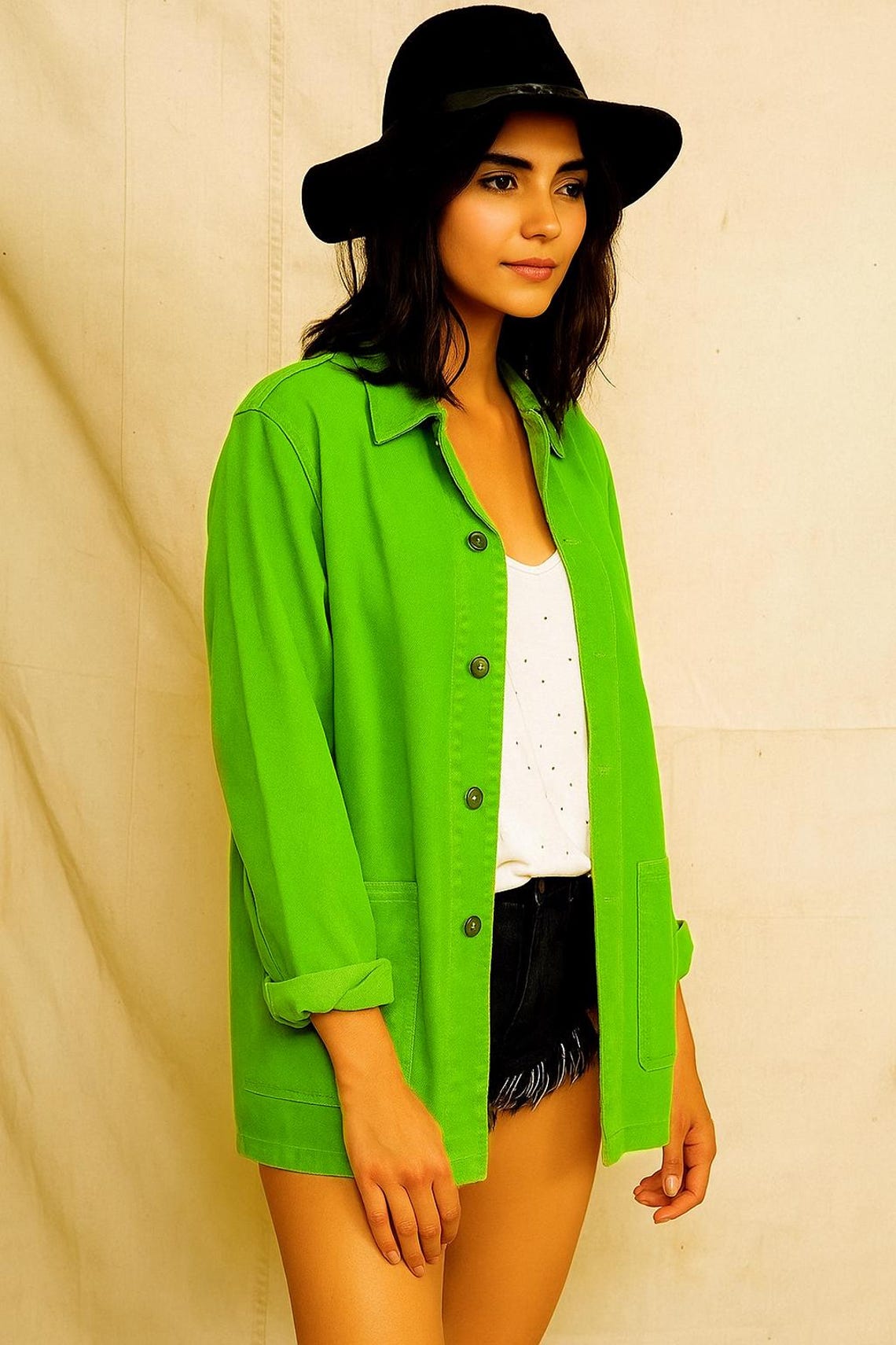 vintage 1960s 1970s Swedish Army lime green denim work jacket HV military coat combat field ladies, foto 3 di 3