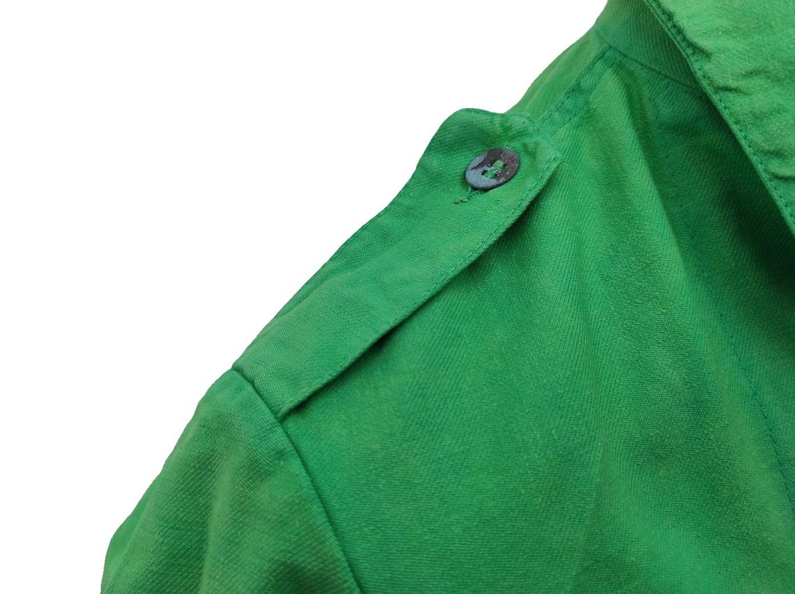 vintage 1960s 1970s lime green Swedish Army work jacket coat denim chore worker military, foto 3 di 5
