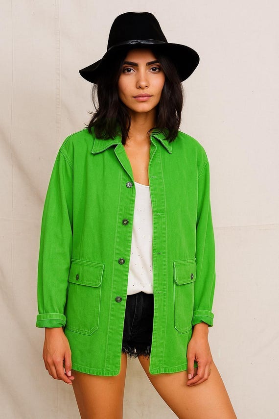 vintage 1960s 1970s Swedish Army lime green denim work jacket HV military coat combat field ladies