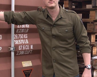 vintage 1980s Austrian army fieldshirt shirt jacket olive khaki f2 military mens