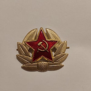 May include: A gold-colored metal pin featuring a red star with a hammer and sickle emblem at its center. The star is surrounded by a wreath of gold-colored leaves. The pin has a bar on the back for attachment.