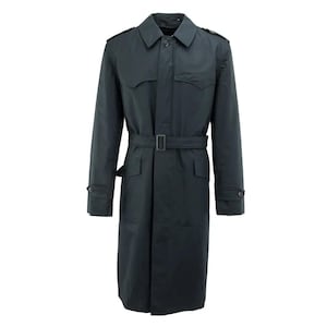 May include: A dark green trench coat with a belt, collar, and buttoned cuffs. The coat has a classic design with shoulder epaulets and two front pockets. The coat is approximately 127 cm long.