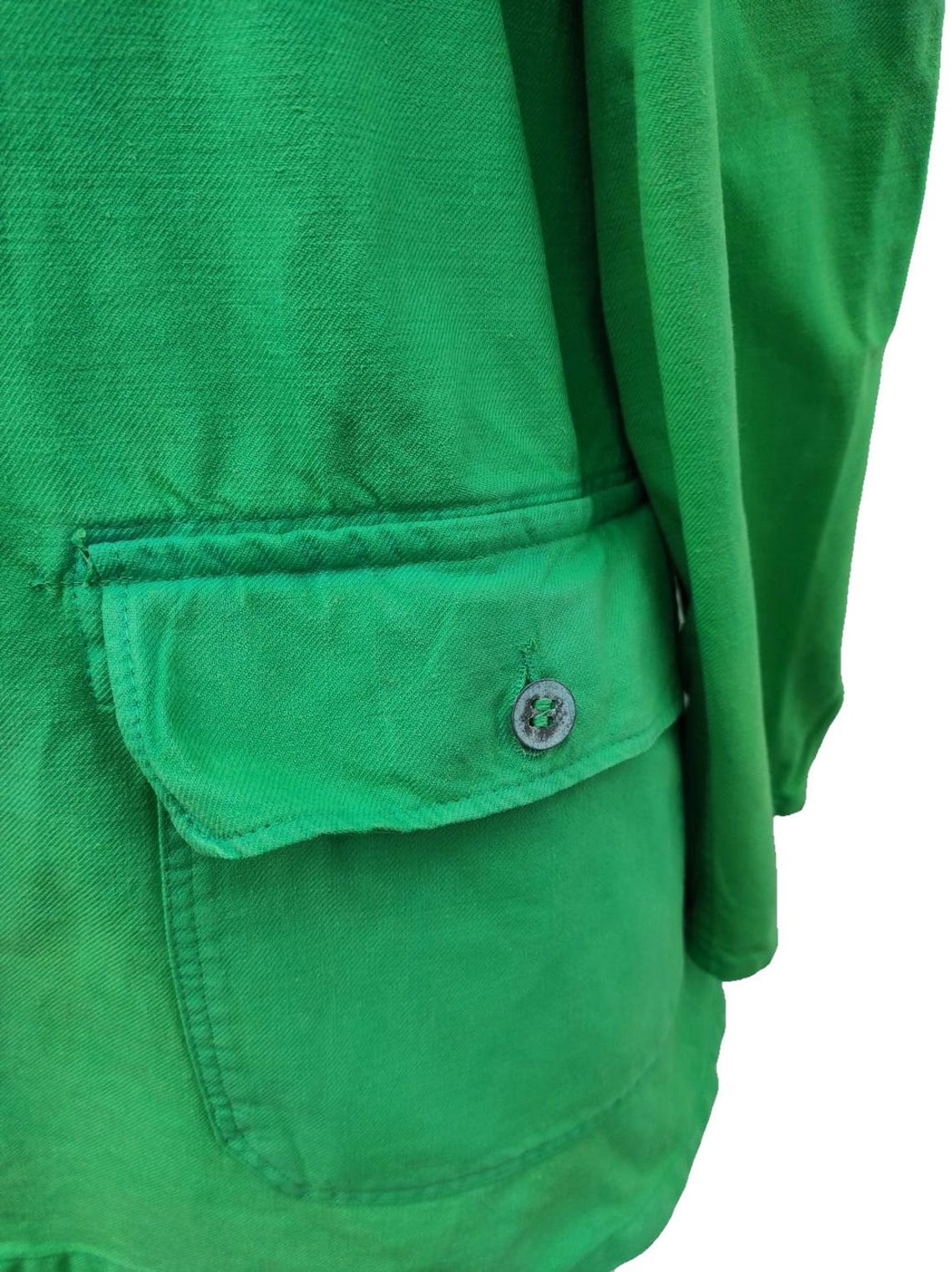 vintage 1960s 1970s lime green Swedish Army work jacket coat denim chore worker military, foto 4 di 5